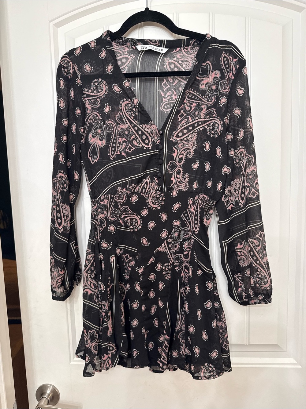 Zara Black Dress with Dusty Pink Paisley Print, V-Neck Long Sleeve